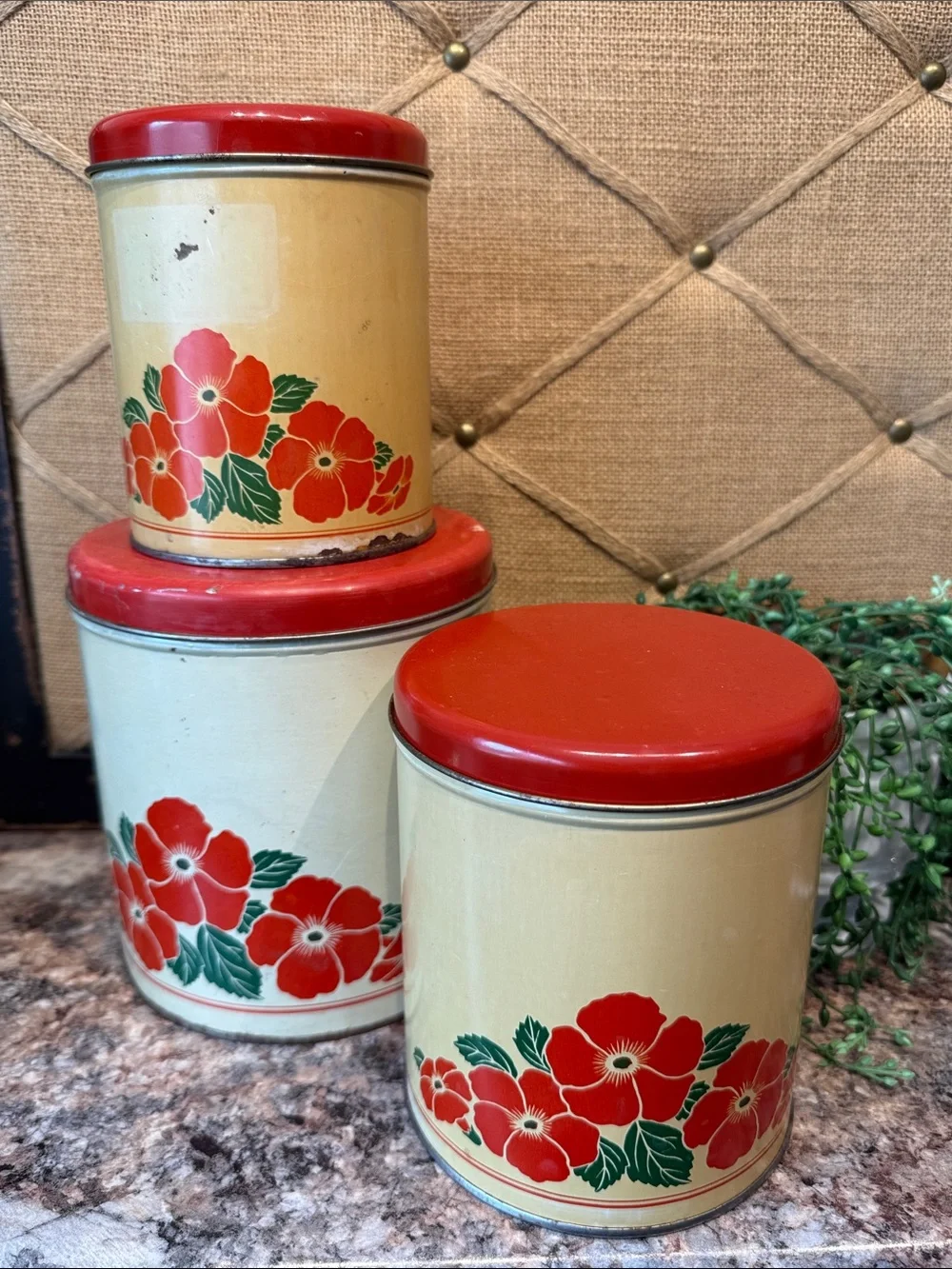 Vintage Decoware Floral Red & Cream Canister Set